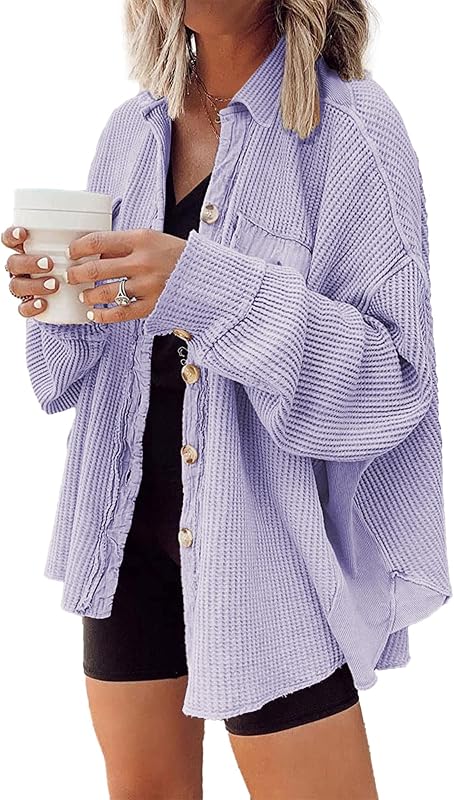 Womens Waffle Knit Shacket Oversized Button Down Shirt Jacket Lightweight Spring Outfits Clothes