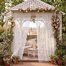 Batiyeer 2 Panels 55 W x 108 L Outdoor Sheer Lace Curtains for Patio French Countryside Lace Curtains with Wavy Edge Beige Outside Waterproof Rustic Sheer Curtain for Patio Porch Pergola Home