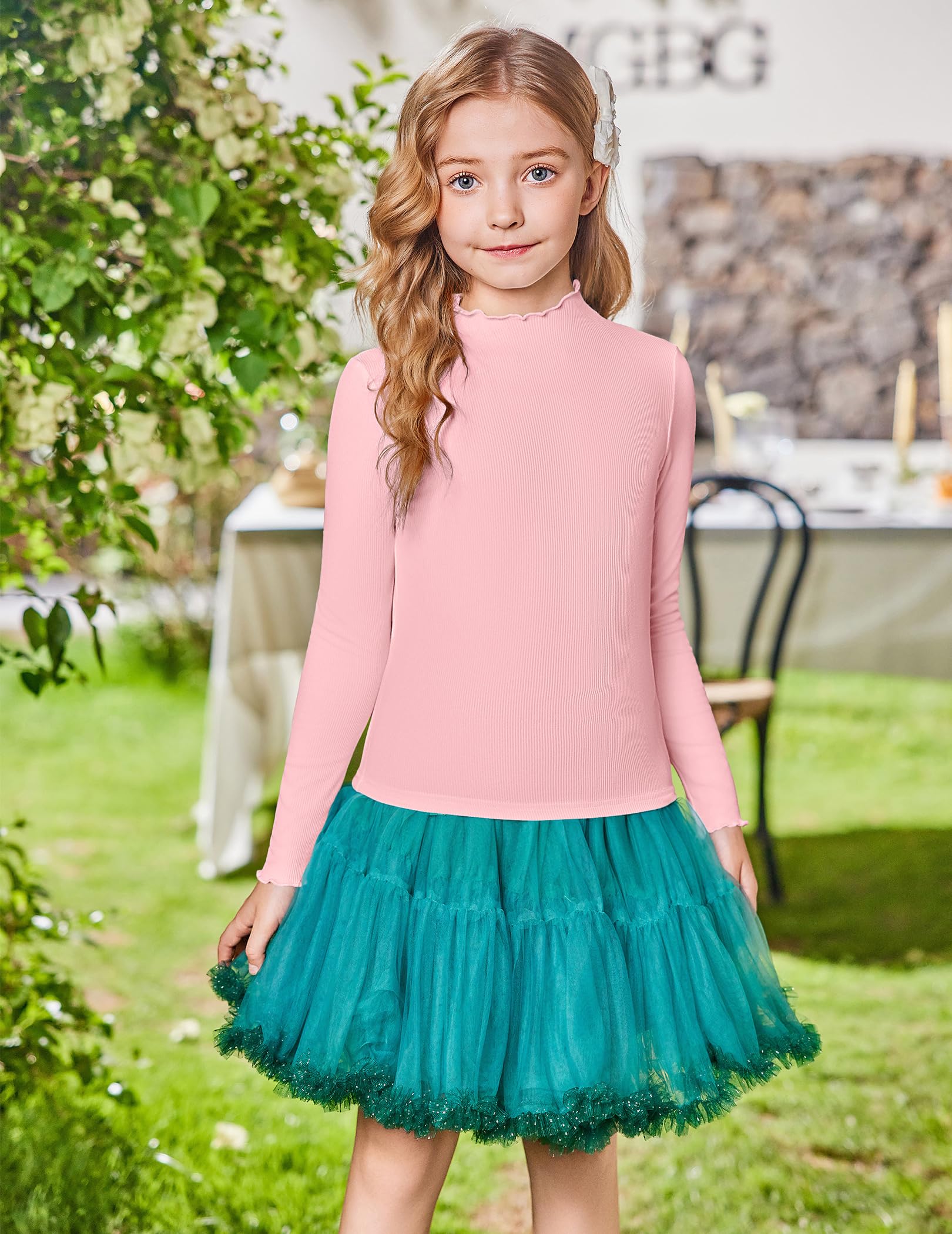 Arshiner Dziewczęca koszulka z długim rękawem, golf, falbanki, jednokolorowa, dziecięca koszulka basic, slim fit, podkoszulek 5-12 lat