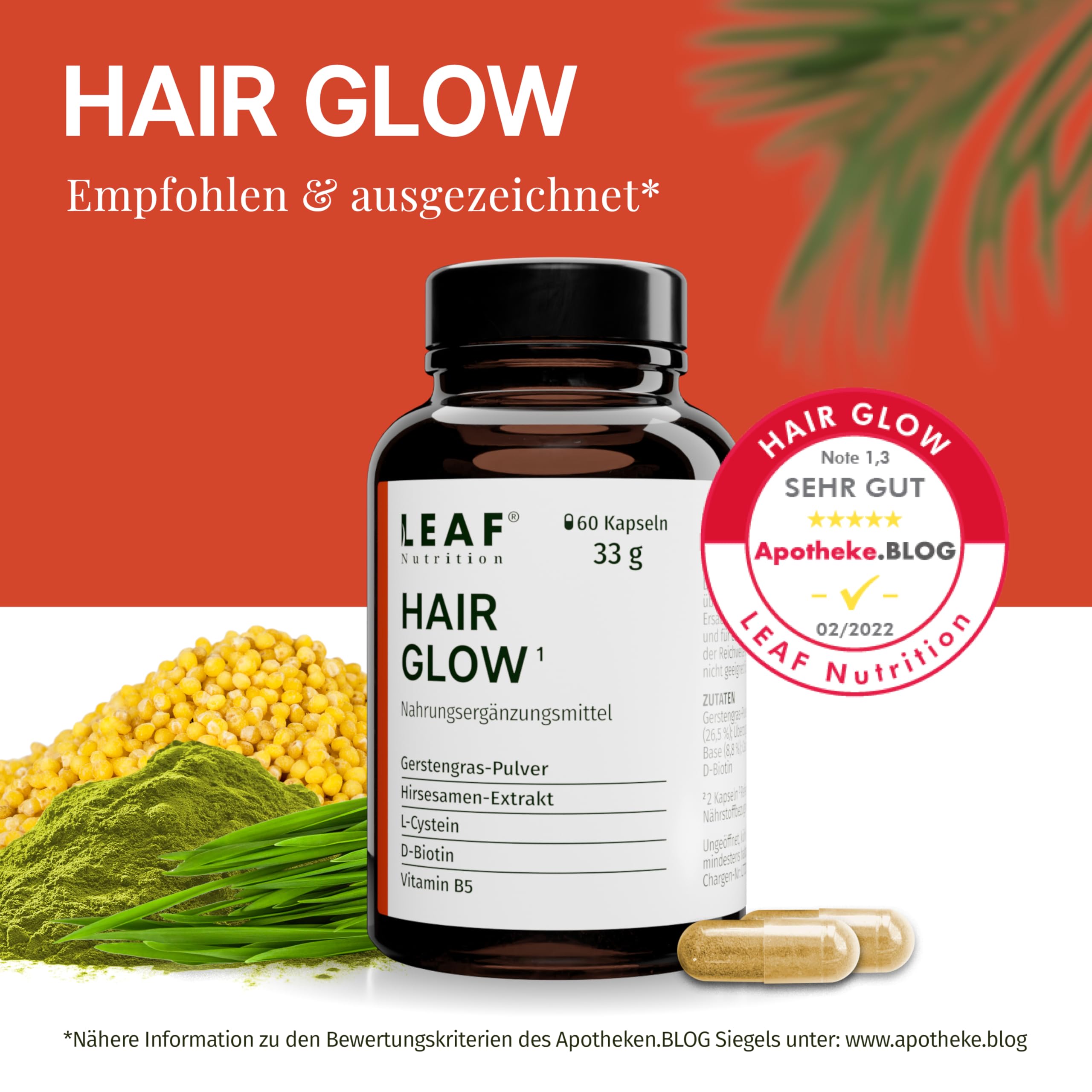 LEAF HAIR GLOW Kapseln vegane Nahrungsergänzung mit Gerstengras, Hirsesamen & L-Cystein | mit D-Biotin für die Haare | für 30 Tage (60 Stück) | nachhaltige Recycled PET-Verpackung & Made in Germany