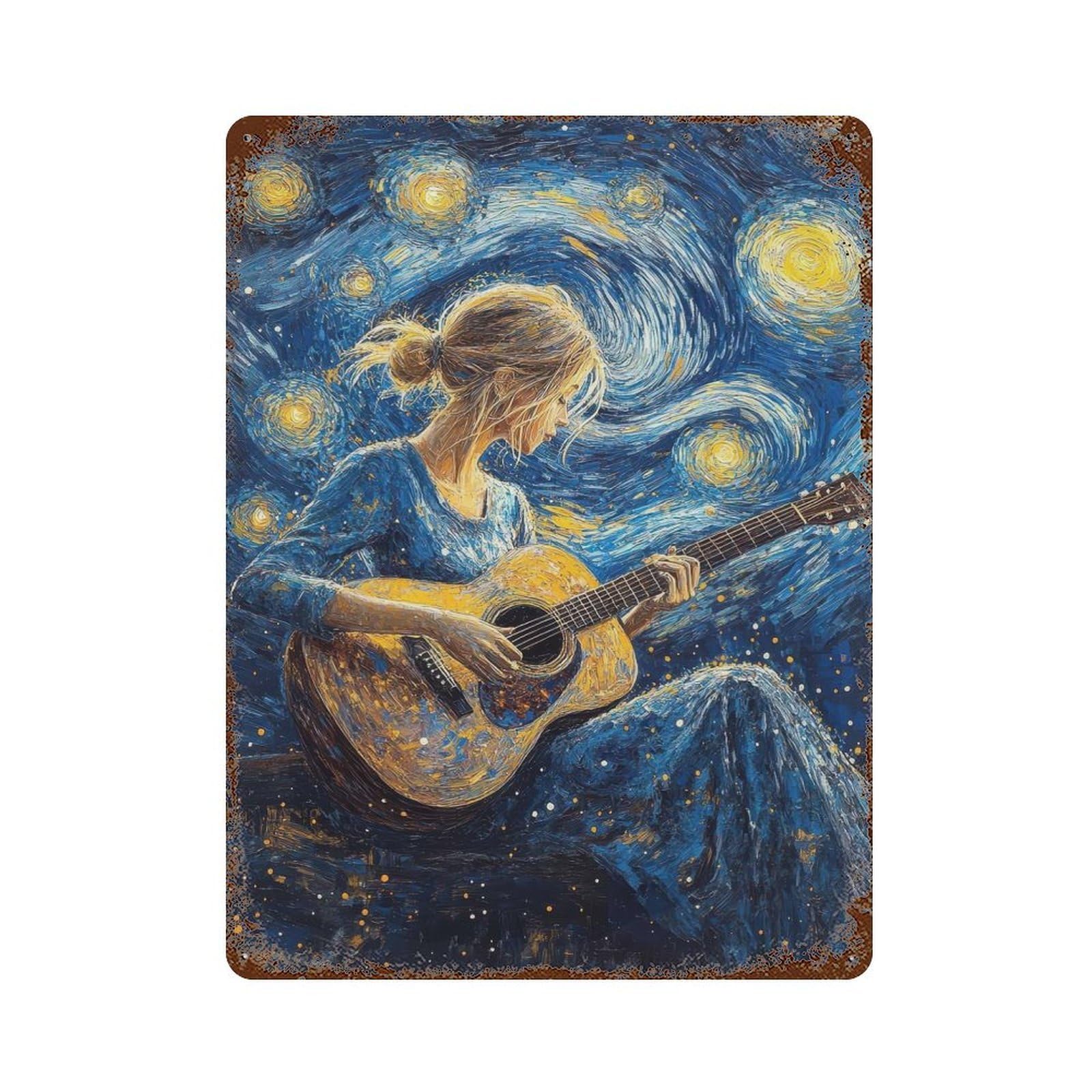 Weathered Tin Sign with Starry Night Guitarist Design 15.7"x11.8", for Garage, Bar And Workshop Decor, Decorative Metal Wall Art