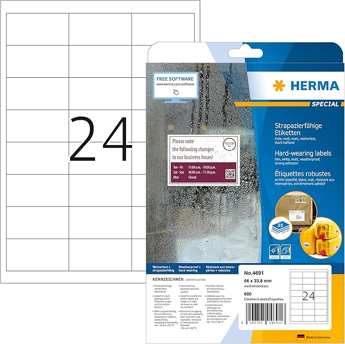 HERMA Self Adhesive Film Labels, 24 Labels per A4 Sheet, 25 Sheets, 66 ...