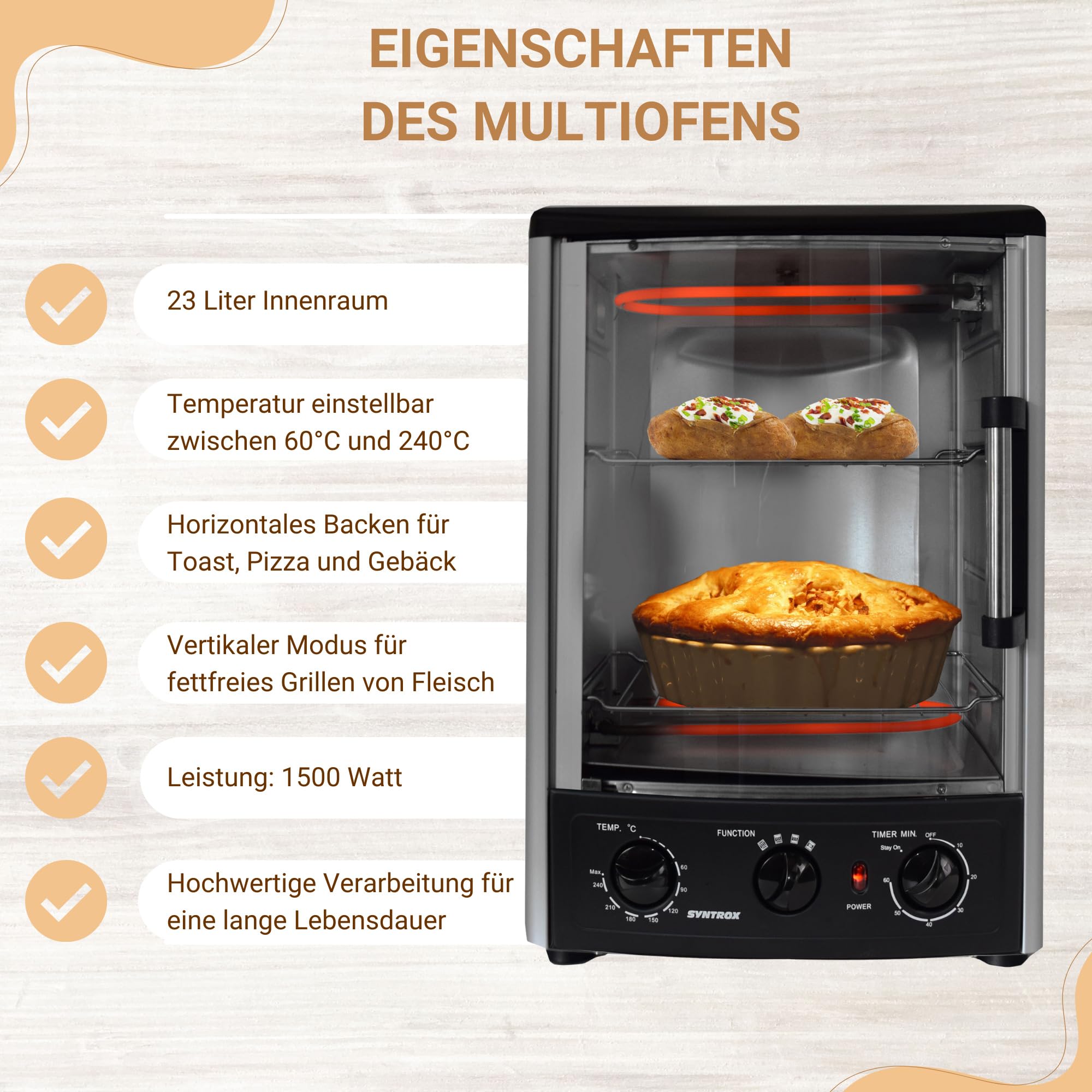 Syntrox Germany Backofen + Dönergrill Lugo 2 in 1, Heizofen, Gyrosgrill, Hähnchengrill, Drehspieß (23 Liter)