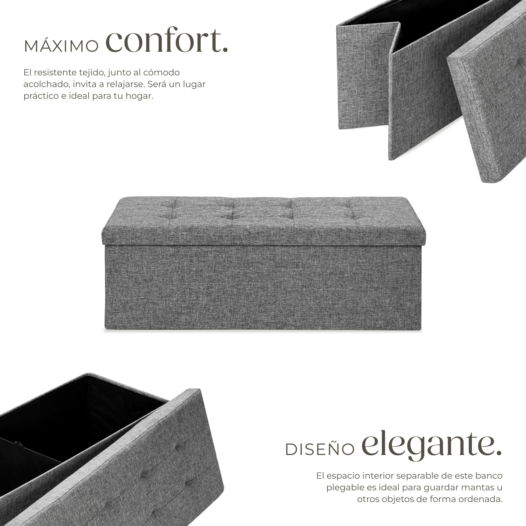 tectake® Puff Almacenaje Plegable con Asiento Acolchado y Gran Capacidad Interior, Ideal como Zapatero Entrada Recibidor o Banco con Almacenaje para el Hogar - 110 x 38 x 38 cm Gris Claro