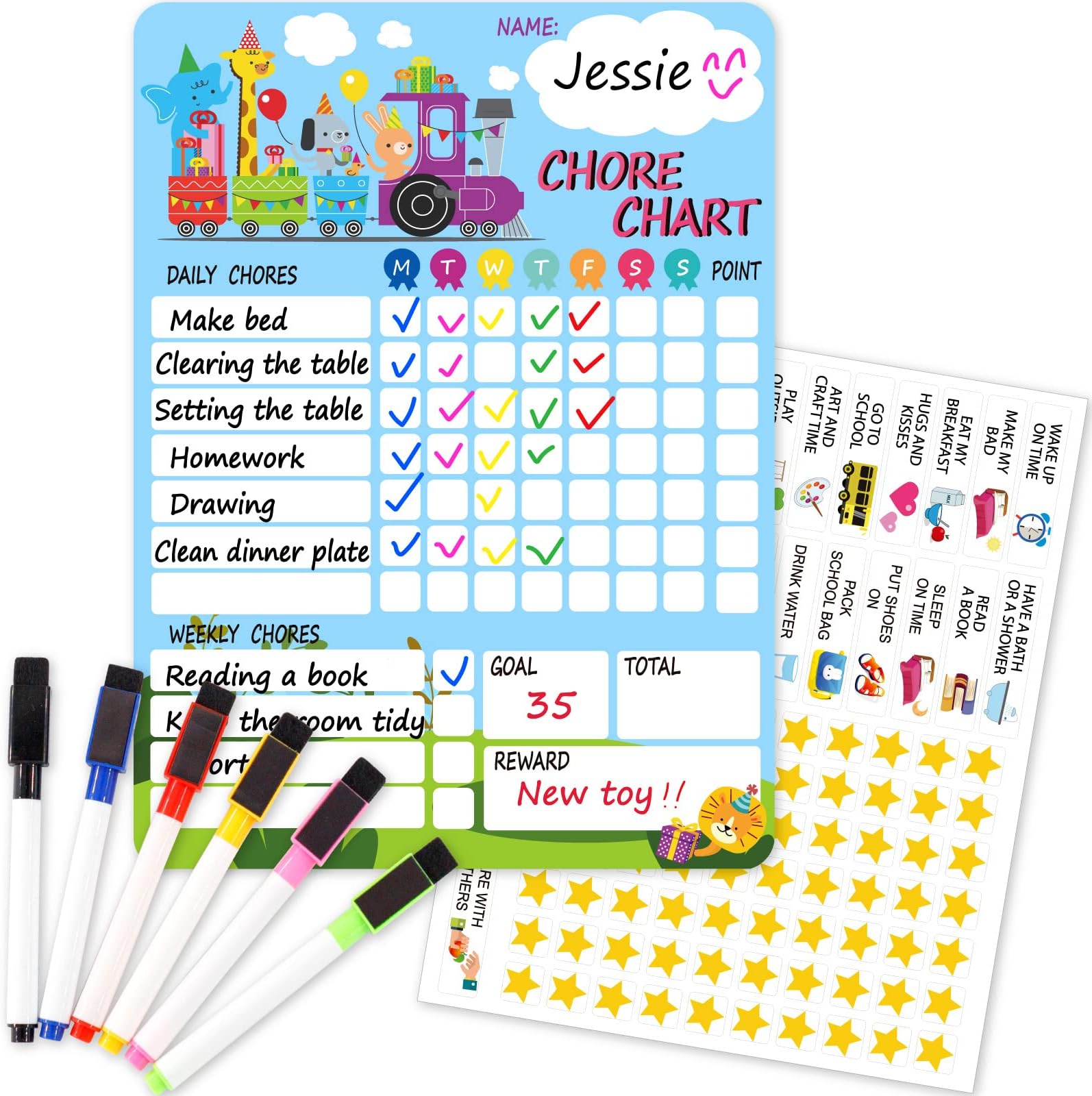 Magnetic Chore Chart for Kids,Reward Chart Good Behavior Chart for Kid at Home,Dry Erase Responsibility Charts for Toddlers,Schedule Board with Tasks,Stars & 6 Markers for Fridge School Home Supplies