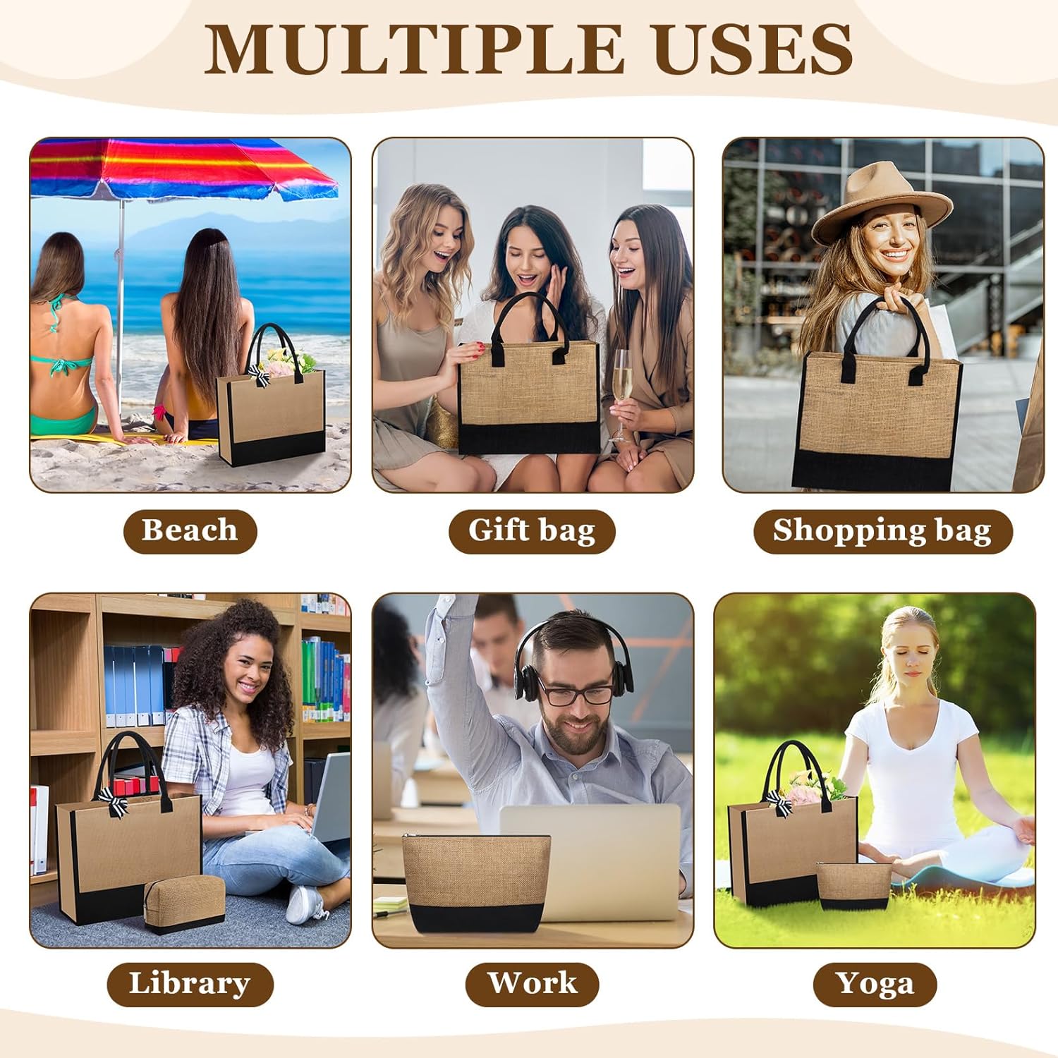 18 Pcs Burlap Tote Bags Bulk and Makeup Bag Set Large DIY Jute Tote Personalized Gift for Wedding Bridesmaid Women