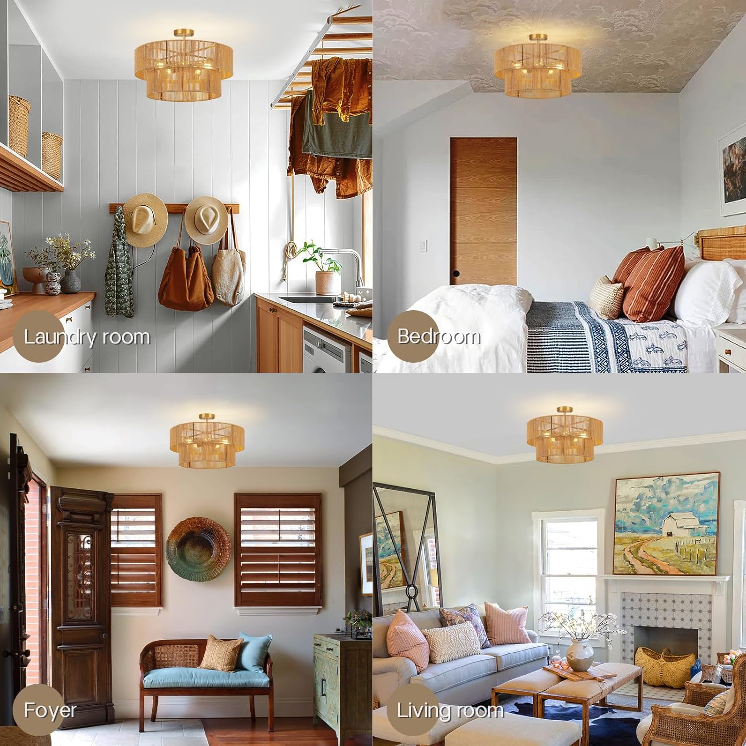 22” Boho 2-Tier Rattan Ceiling Light Fixture, 5-Light Flush Mount Woven Chandelier for Bedroom, Dining Room, Kitchen, Entryway, Living Room, Rustic Gold Lighting