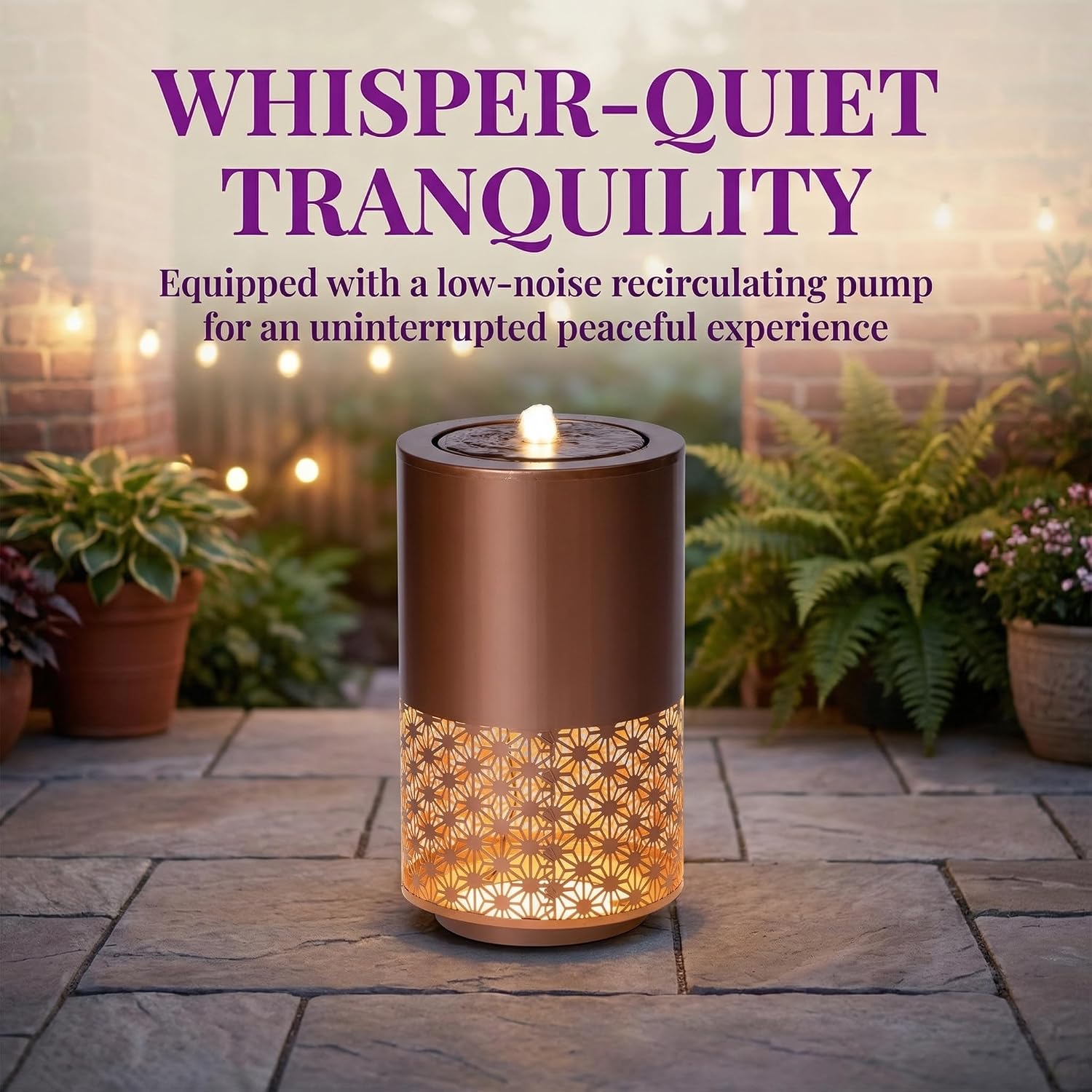 20.87'' H Outdoor Water Fountain with Candle Style Cutout & Warm LED Lights, Modern Freestanding Metal Water Feature for Patio Backyard Decor