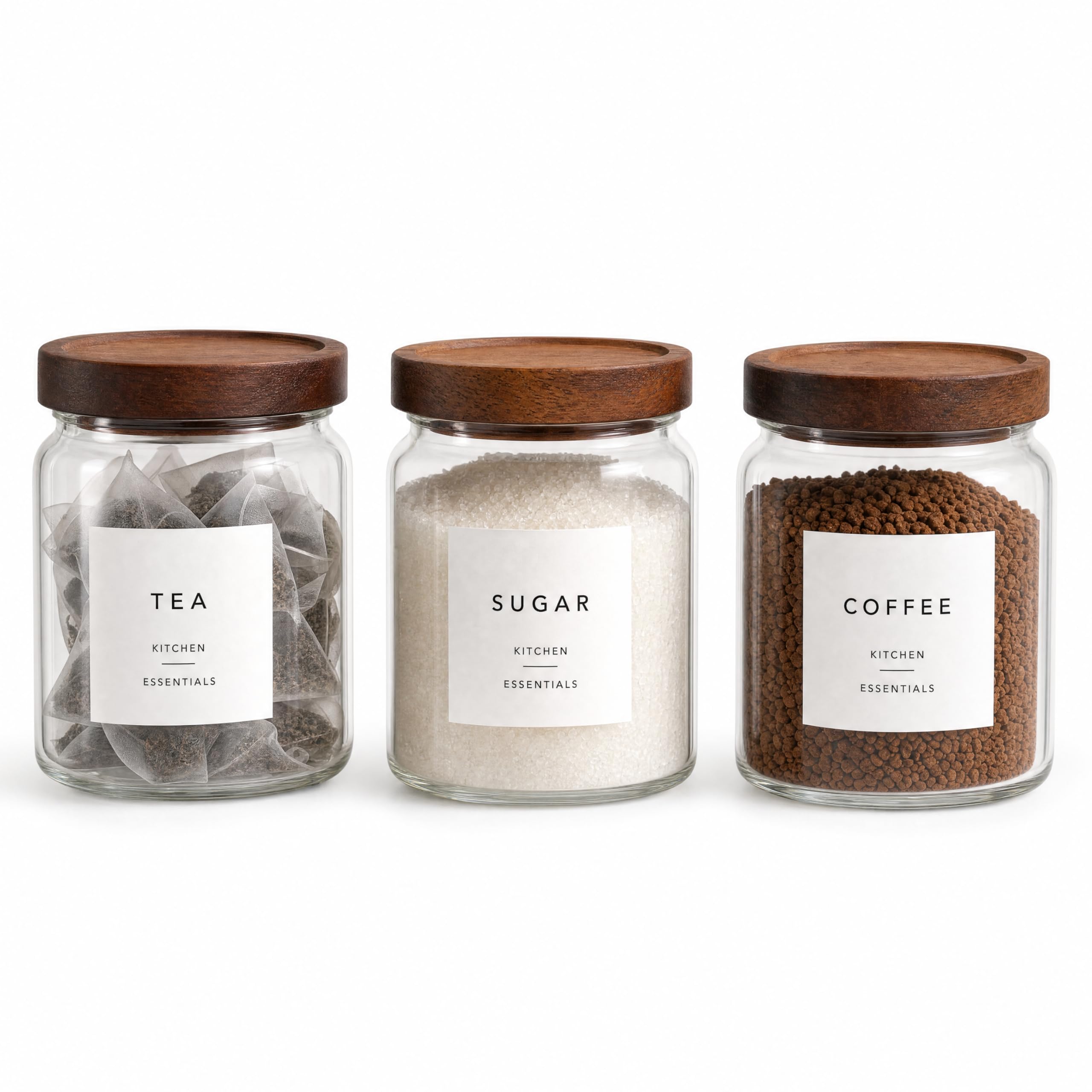 Livabl Tea Coffee Sugar Canisters Set Of 3 Glass Jars With Lids – Acacia Wood Airtight Pushdown Lid Glass Storage Jars – 500Ml Tea Coffee And Sugar Canisters Set With 2 Label Styles