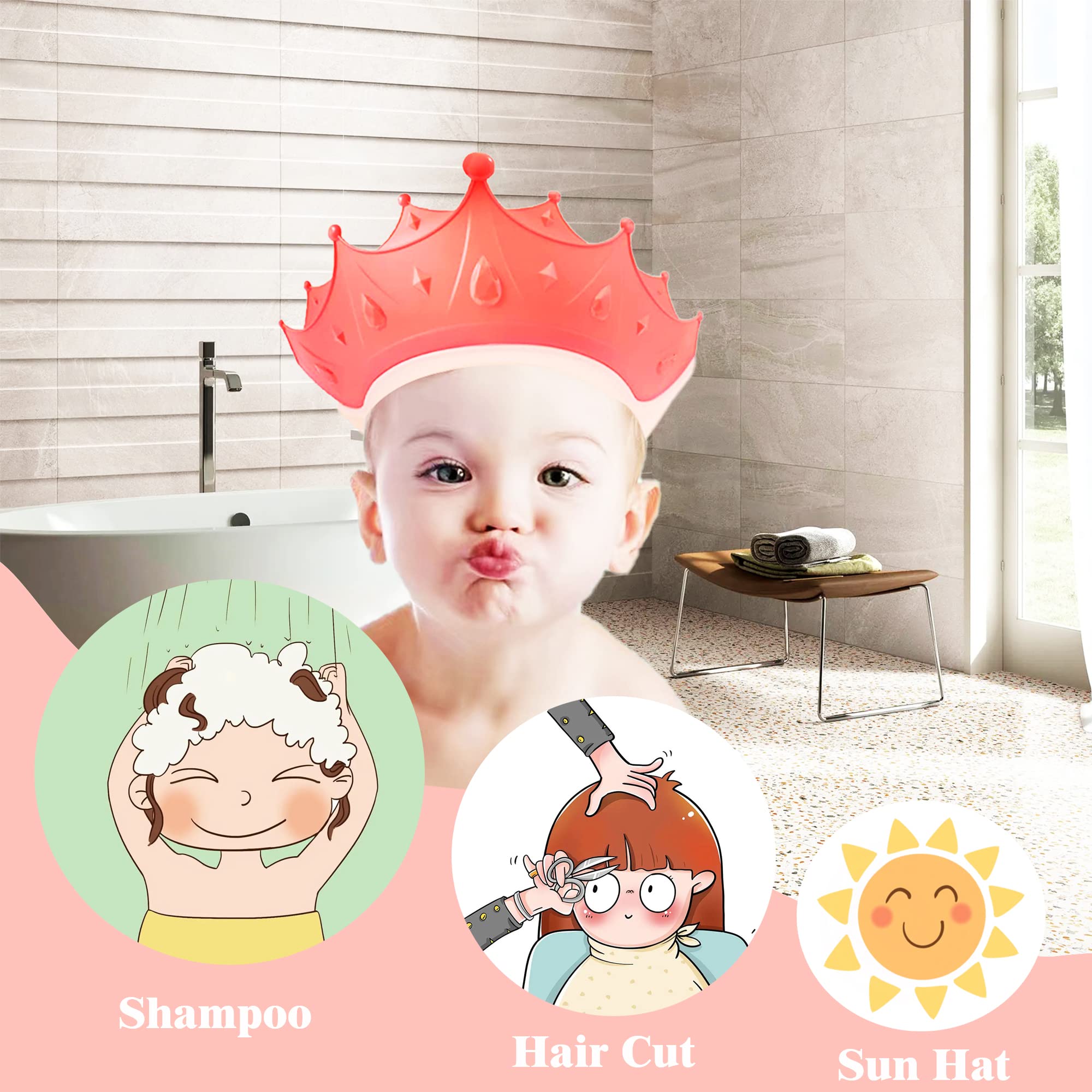 Casquette de Bain Bébé, Chapeau Douche Bébé, Chapeau Douche pour les enfants de 0 à 9 ans, Réglable Visière Bonnets de Bain Pour Enfants Protégez les Yeux et Oreilles des Enfants, Couronne - Rose