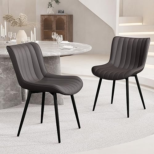 YOUNUOKE Juego de 2 sillas de comedor tapizadas modernas de mediados de siglo, cómodas sillas de piel sintética sin brazos con patas de metal para