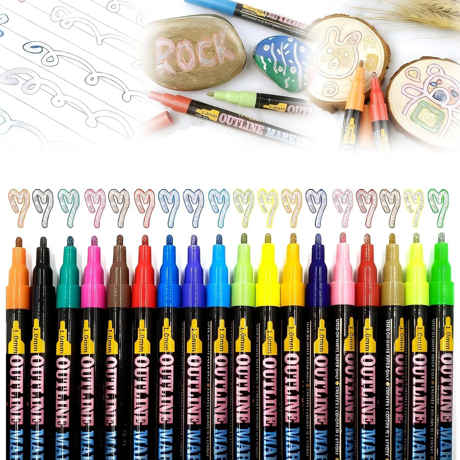 Double Line Outline Markers, 18 Colors Marker Pen for Highlight, Outline Pens Metallic Glitter Markers Set Art Supplies for Arts Crafts, Holiday Cards, DIY, Doodles (2PCS, ‎18colors)