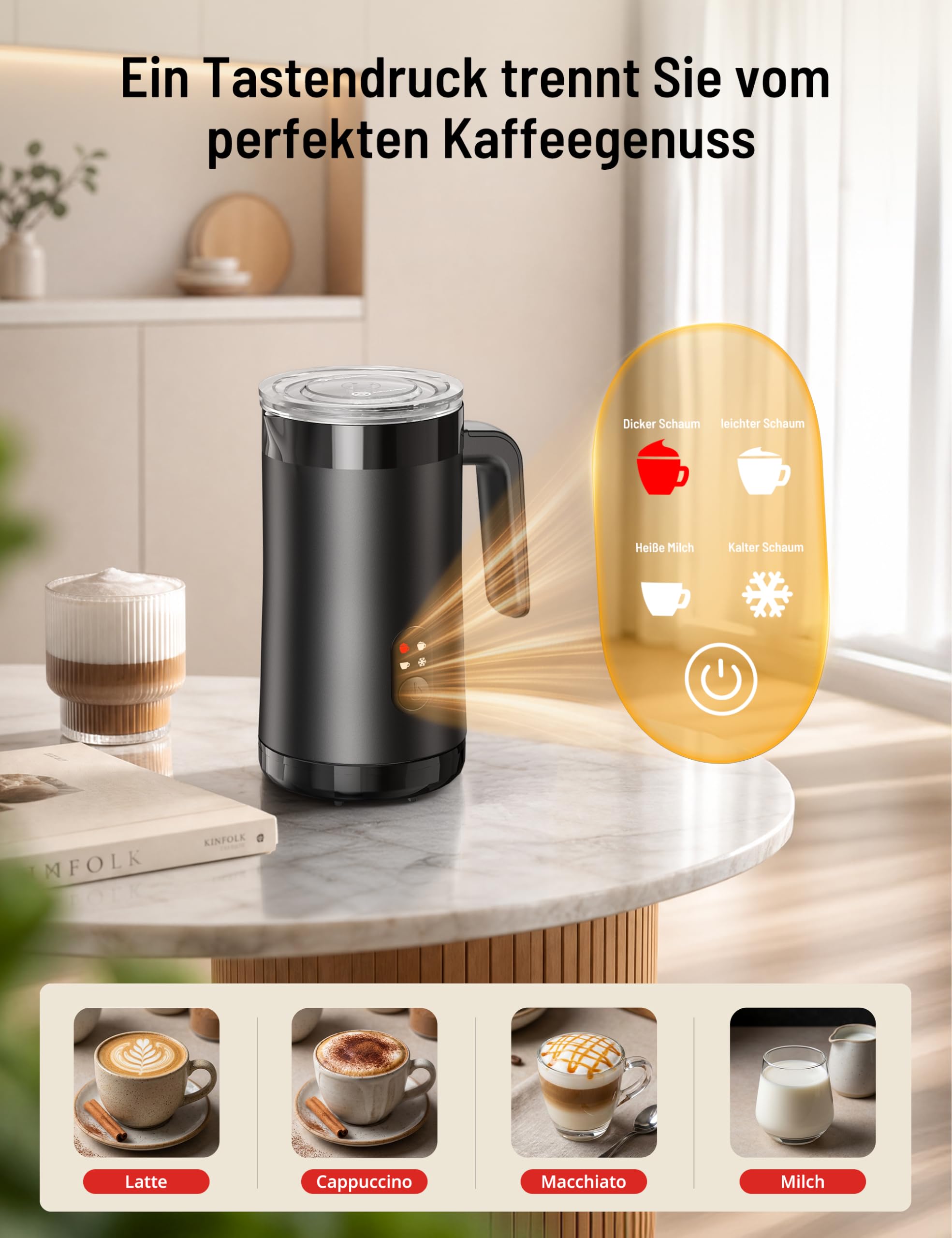 PARIS RHÔNE Milchaufschäumer Elektrisch 400ml, 4-in-1 Milchschäumer Kalt- & Heißschaum für Latte, Cappuccino & Macchiato, Edelstahl, Silent-Motor, Auto-Abschaltung