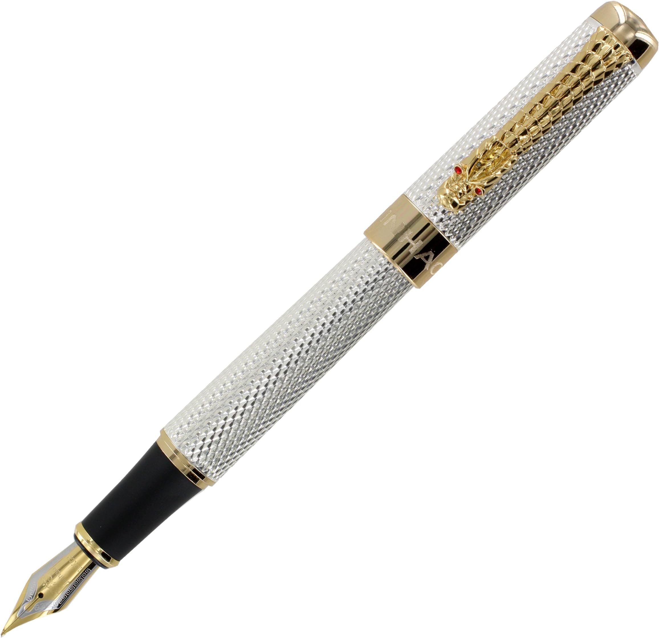 Gullor Golden Dragon Red Crystal Eyes Fountain Pen with Push in Style Ink Converter