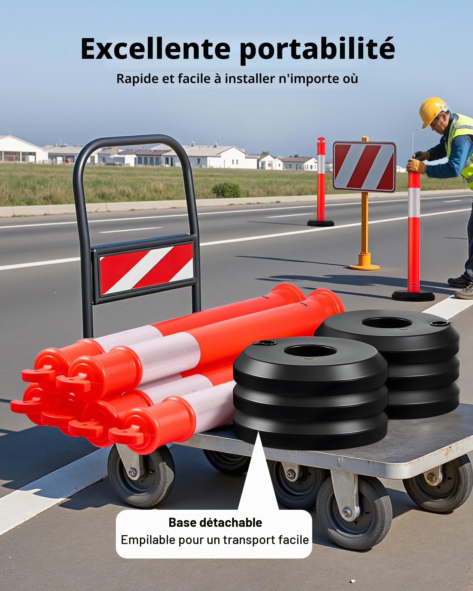 VEVOR Poteau de Signalisation 9PCs 114 cm, Balise de Délimitation avec Base Remplissable et Bandes Réfléchissantes, Délinéateur de Circulation pour Contrôle des Foules, Chantier Parking, Rouge