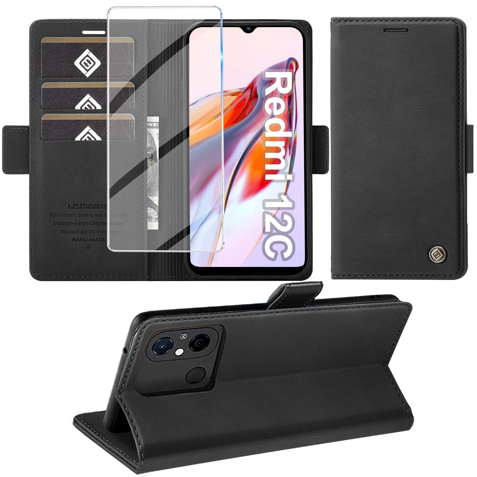 Giyer Handyhülle für Xiaomi Redmi 12C Hülle mit Displayschutzfolie, Schutzhülle für Redmi 12C PU Leder Wallet Flip Case Standfunktion Kartenfach Klapphülle Lederhülle für Xiaomi 12C Cover (Schwarz)