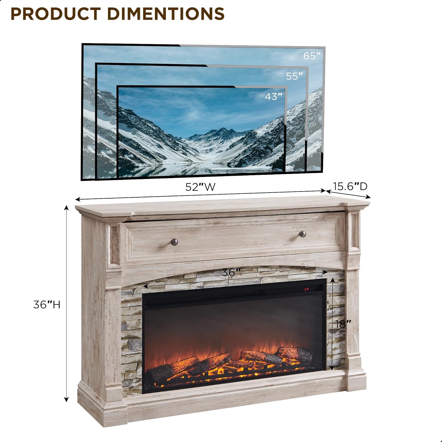 Diagram showing product dimensions and recommended TV sizes