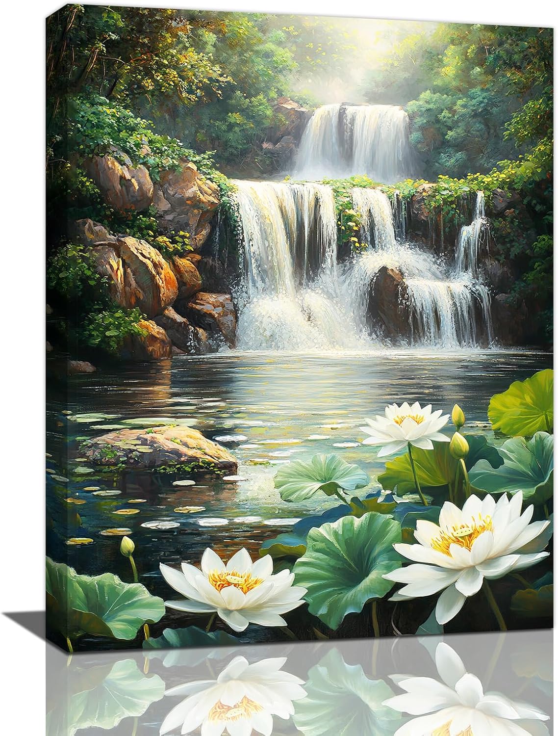 Farmhouse Lotus Wall Art Waterfall Pictures Wall Decor Rustic Mountain Flowers Canvas Painting Print Lotus Floral Artwork Home Decorations Framed for Bathroom Kitchen Bedroom Living Room 16"x20"