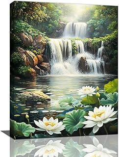 Farmhouse Lotus Wall Art Waterfall Pictures Wall Decor Rustic Mountain Flowers Canvas Painting Print Lotus Floral Artwork Home Decorations Framed for Bathroom Kitchen Bedroom Living Room 12"x16"