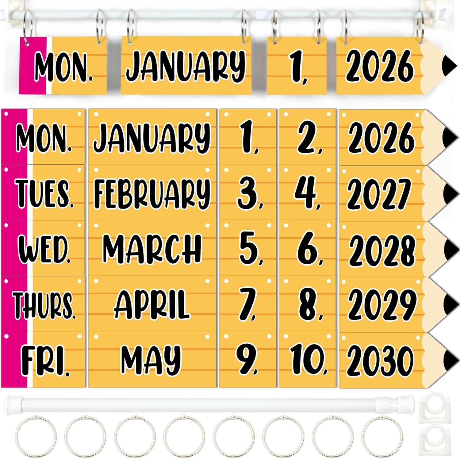Pencil Flip Calendar Bulletin Board Set Pencil Calendar for Classroom Whiteboard Decor with 2026 to 2030 Years Date Cards and Adjustable Rod for Home Elementary Back to School Teacher Supplies