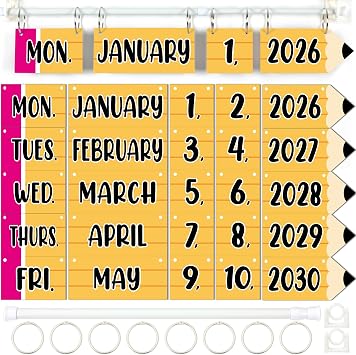 Pencil Flip Calendar Bulletin Board Set Pencil Calendar for Classroom Whiteboard Decor with 2026 to 2030 Years Date Cards and Adjustable Rod for Home Elementary Back to School Teacher Supplies