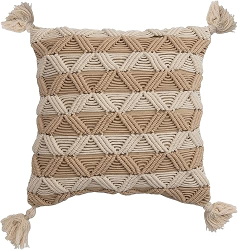 Bloomingville Bloomingville - Almohada de macramé de algodón tejida a mano con rayas y borlas, color marrón y crema
