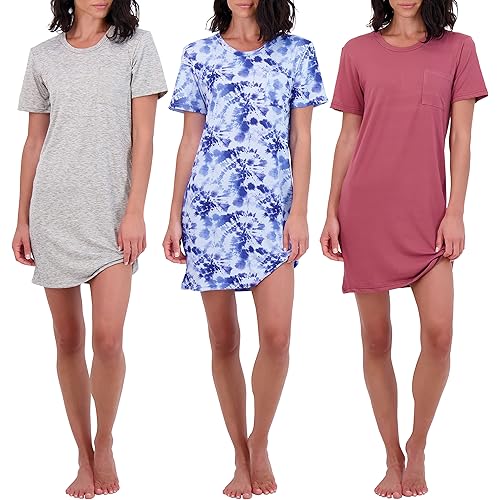 Real Essentials 3 Pack: Women's Short Sleeve Nightgown Dress – Nightshirt Pajama Sleep Shirt Sleepwear (Available In Plus)