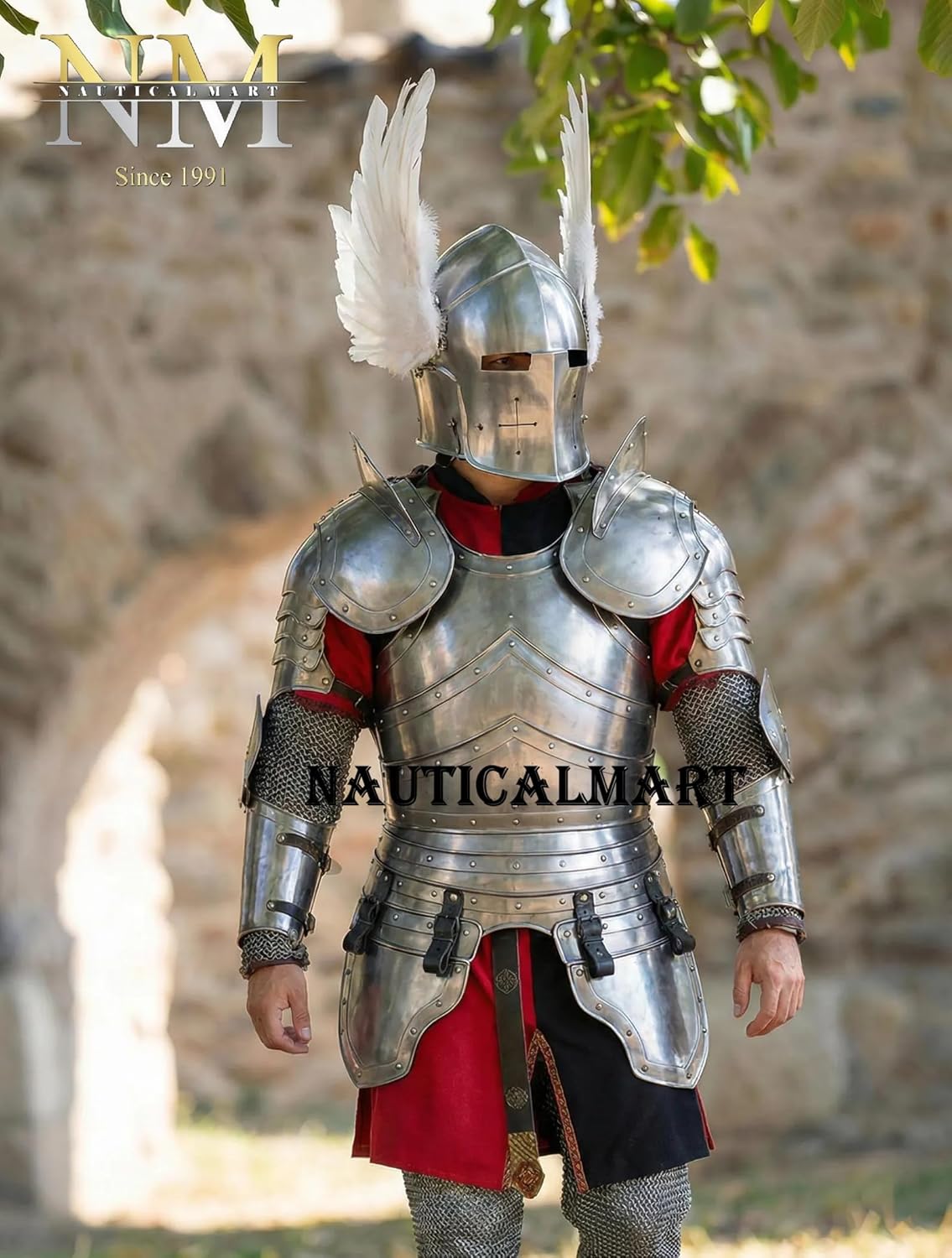 Medieval Barbuta Winged Knight Armor Suit- Wearable Full Body Steel Plate Armor with Valkyrie-Inspired Feathered Helmet, Breastplate, Pauldrons, Bracers Perfect for LARP, Renaissance Fairs, & Cosplay