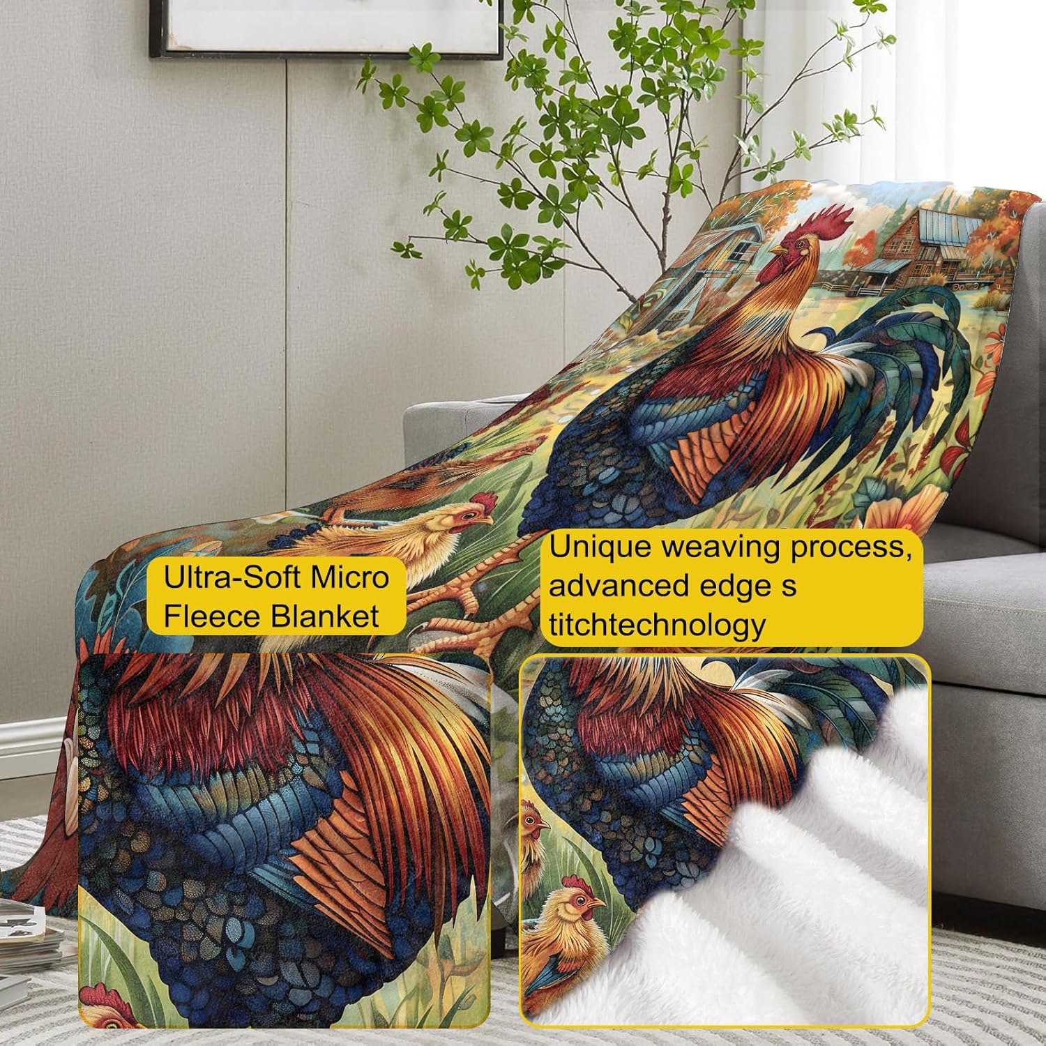 Rooster Throw Blanket Gifts for Women, Farmhouse Rustic Country Blankets for Living Room Home Decor, Cozy Flannel Rooster Plush Throws 50"x60" - Image 3