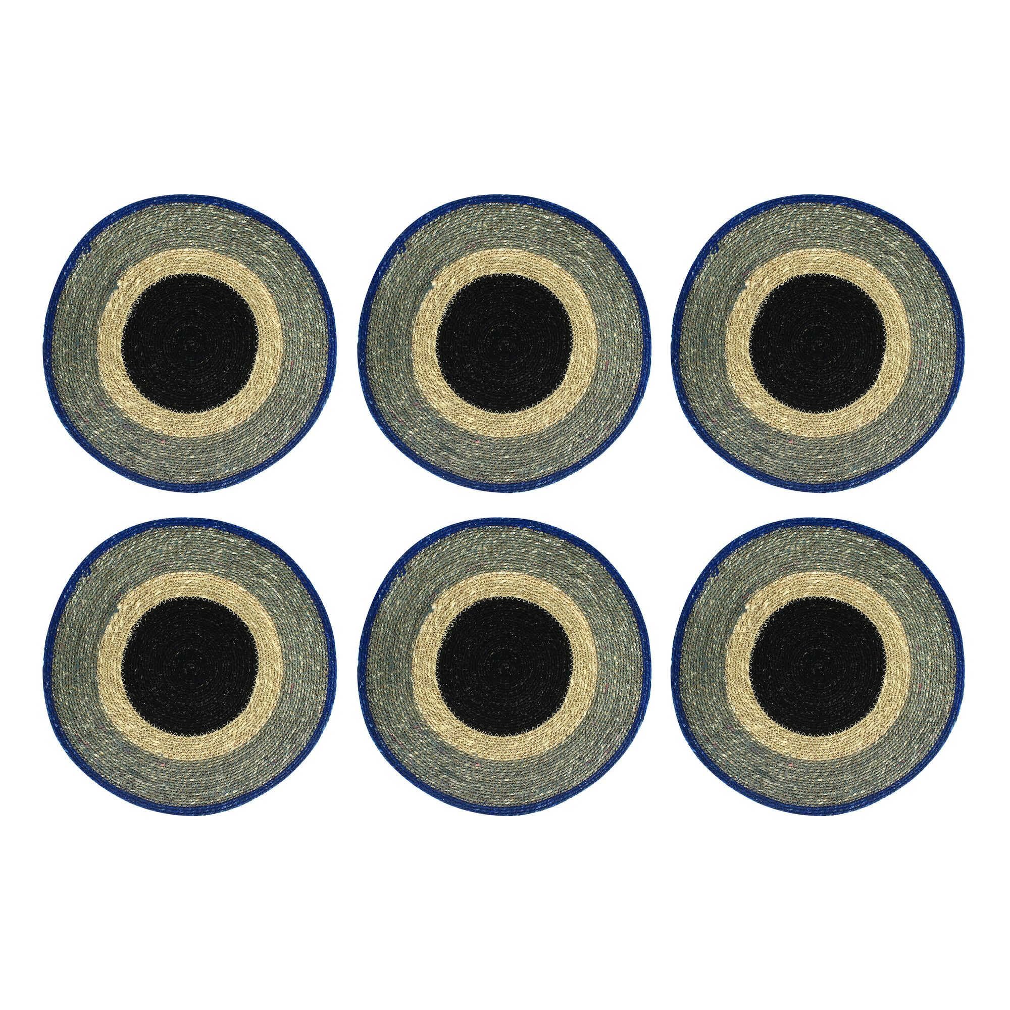 NOVASTYL - Lot 6 Sets de Table Luna Rond 38cm en jonc de mer Naturel et Bleu - 5014065