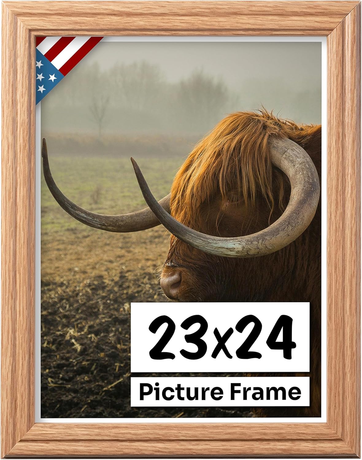 Oak 23x24 Picture Frame .75" Inch Wide - Faux Oak Decor Handmade Solid Wood Frames with Preinstalled Hangers and UV Blocking Plexiglass 24x23 Frame