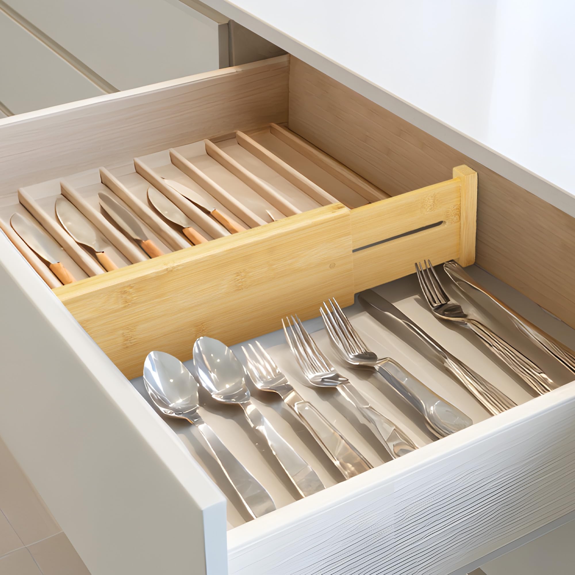 VaeFae Divisori per Cassetti in Bambù Regolabili, 3 Pezzi Separatori per Cassetti, Estensibili da 30,2 cm a 43,5 cm,Organizer Armadio o Cucina, Letto, Bagno,ufficio