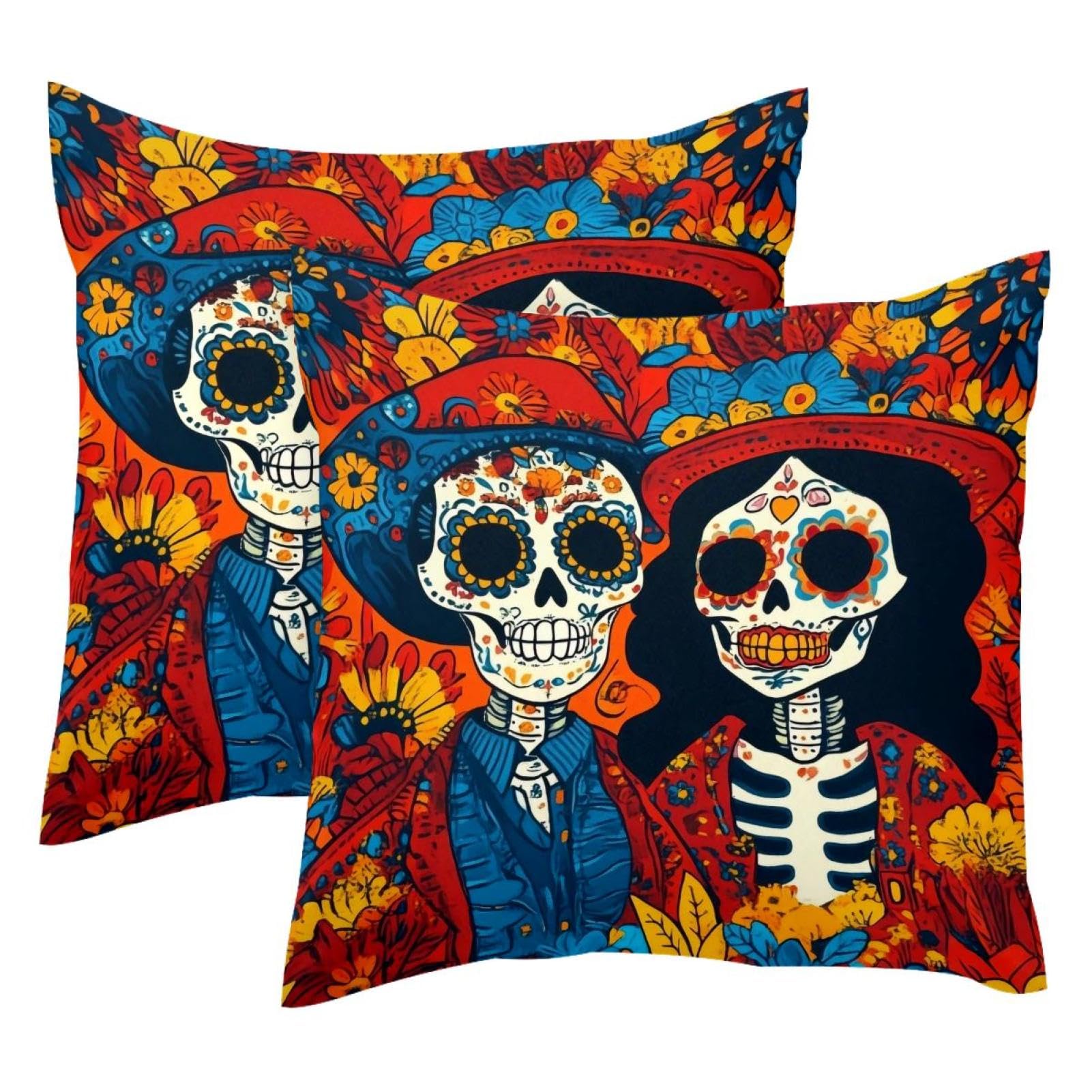 Housse de coussin en velours motif crânes mexicains pour canapé cosy