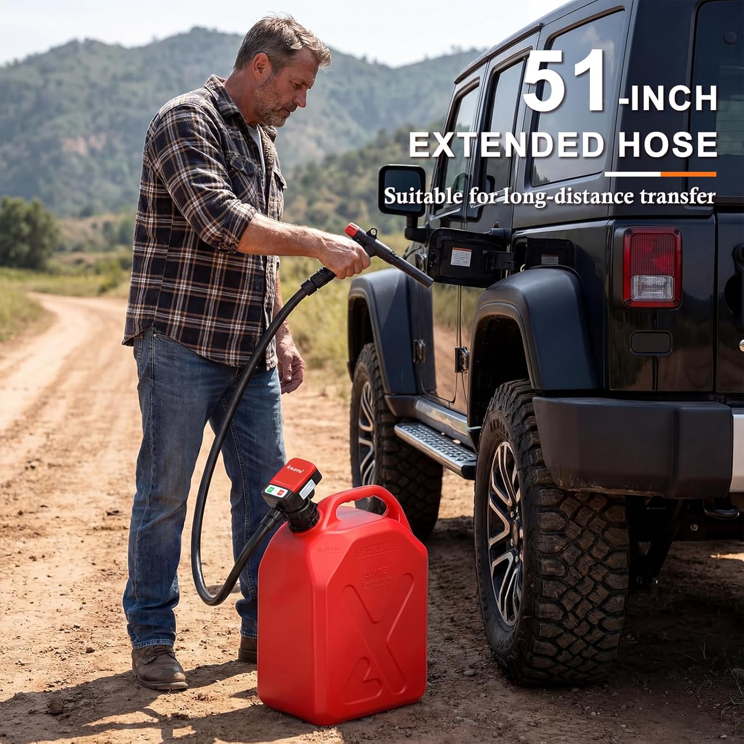 Gas Can Fuel Pump Portable - Gifts for Men, Fast 3.2 GPM Flow Rate, 51” Long Vinyl Hose, 4 Tank Adapter, for Gasoline, Kerosene, Diesel, Non-Potables black