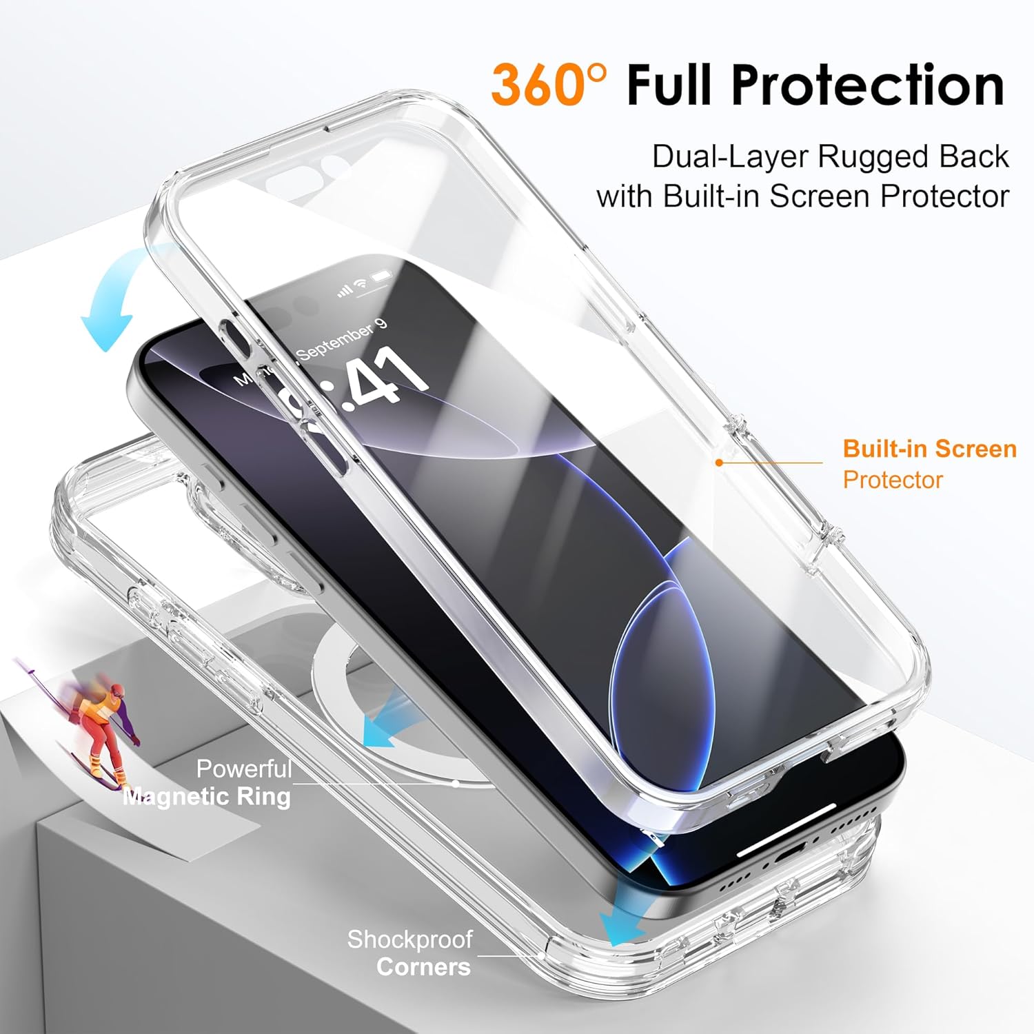 for iPhone 16 Pro Max Case with Invisible Magnetic Stand, Compatible with Mag-Safe Military-Grade Protection with Built-in Screen Protector, Shockproof Phone Case for Women Men, Clear