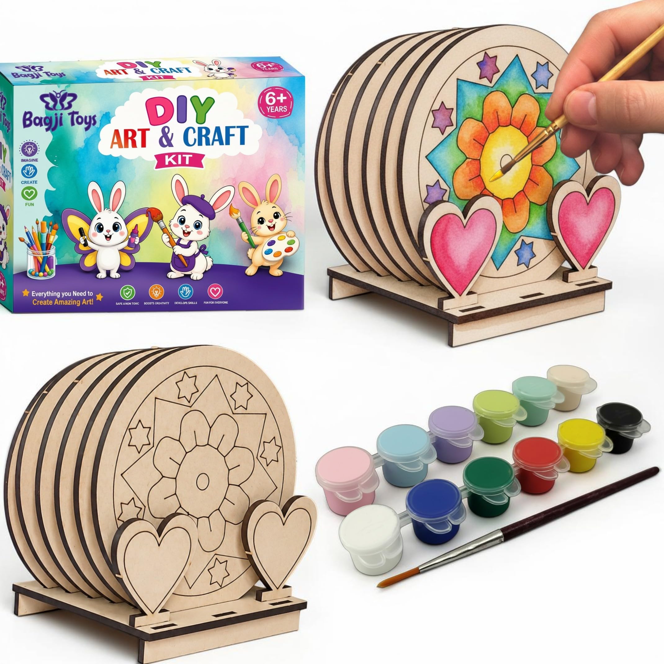 BAGJI TOYS DIY Coaster Painting Kit for Kids & Adults β 6 Pre-Marked Wooden Tea Coasters with Stand, 12 Non Toxis Water Base Colours & 1 Brush β Mandala Art & Craft DIY Set β Beginner Friendly Painting Craft Kit, Birthday & Gift Activity (MandalaA5)
