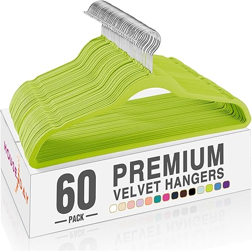 HOUSE DAY Vibrant Green Velvet Hangers 60 Pack, Non Slip Clothes Felt Hanger Heavy Duty for Coat, Premium Slim Space Saving Suit Hangers for Closet Organizer, 360° Rotating Silver Hook