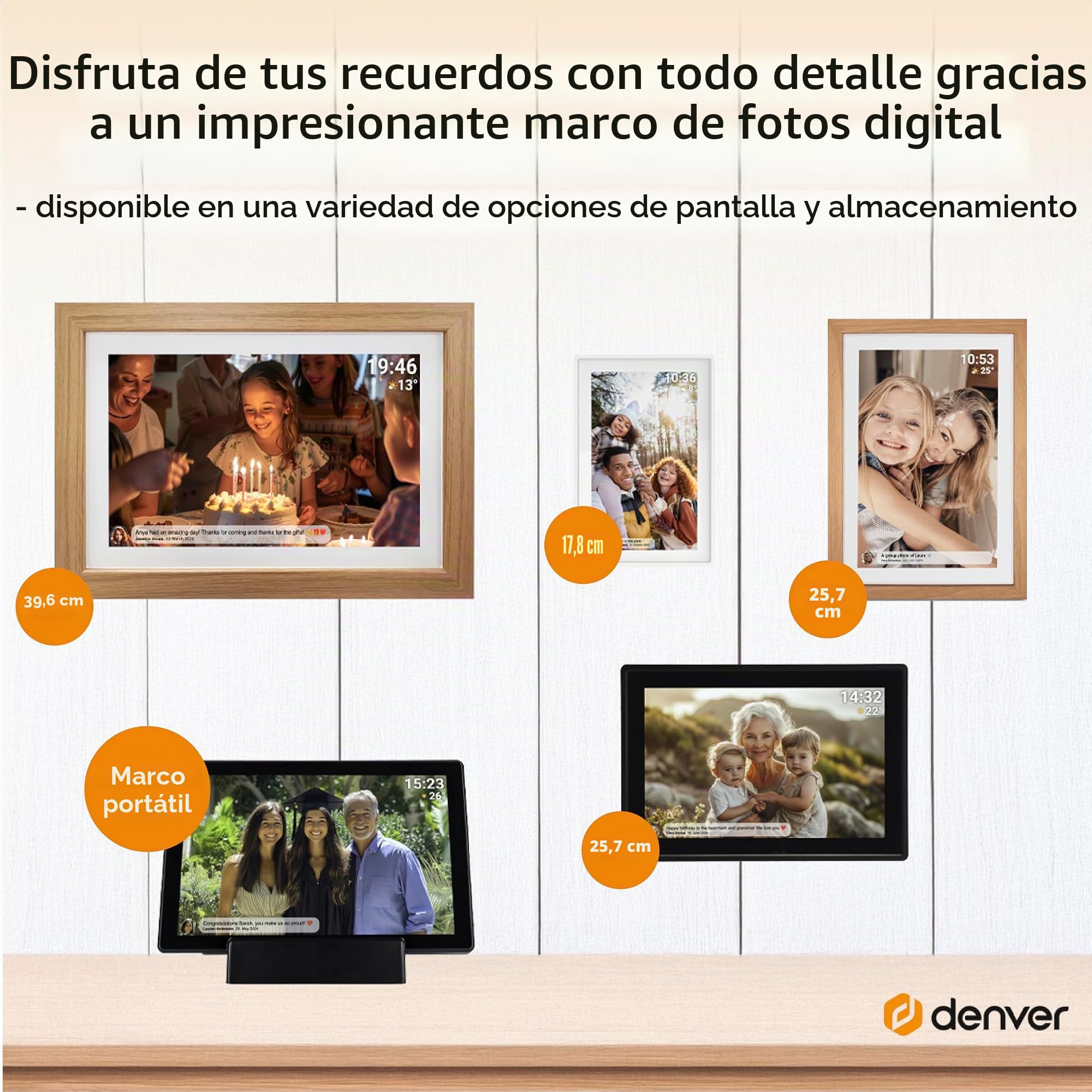 Denver Frameo Marco Digital WiFi 10,1 Pulgadas, Pantalla IPS táctil 1280 x 800, 16 GB, App Frameo, Color Madera Clara