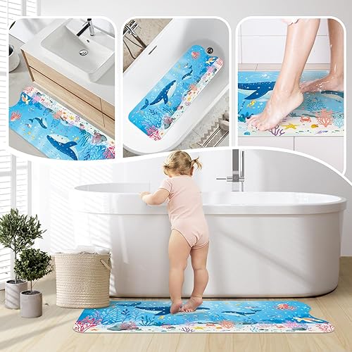 Miniatura 7 de Tapete de baño para bebé antideslizante de 40 x 16 pulgadas, extra largo para niños, tapete antideslizante para baño, lavable a máquina, ballena