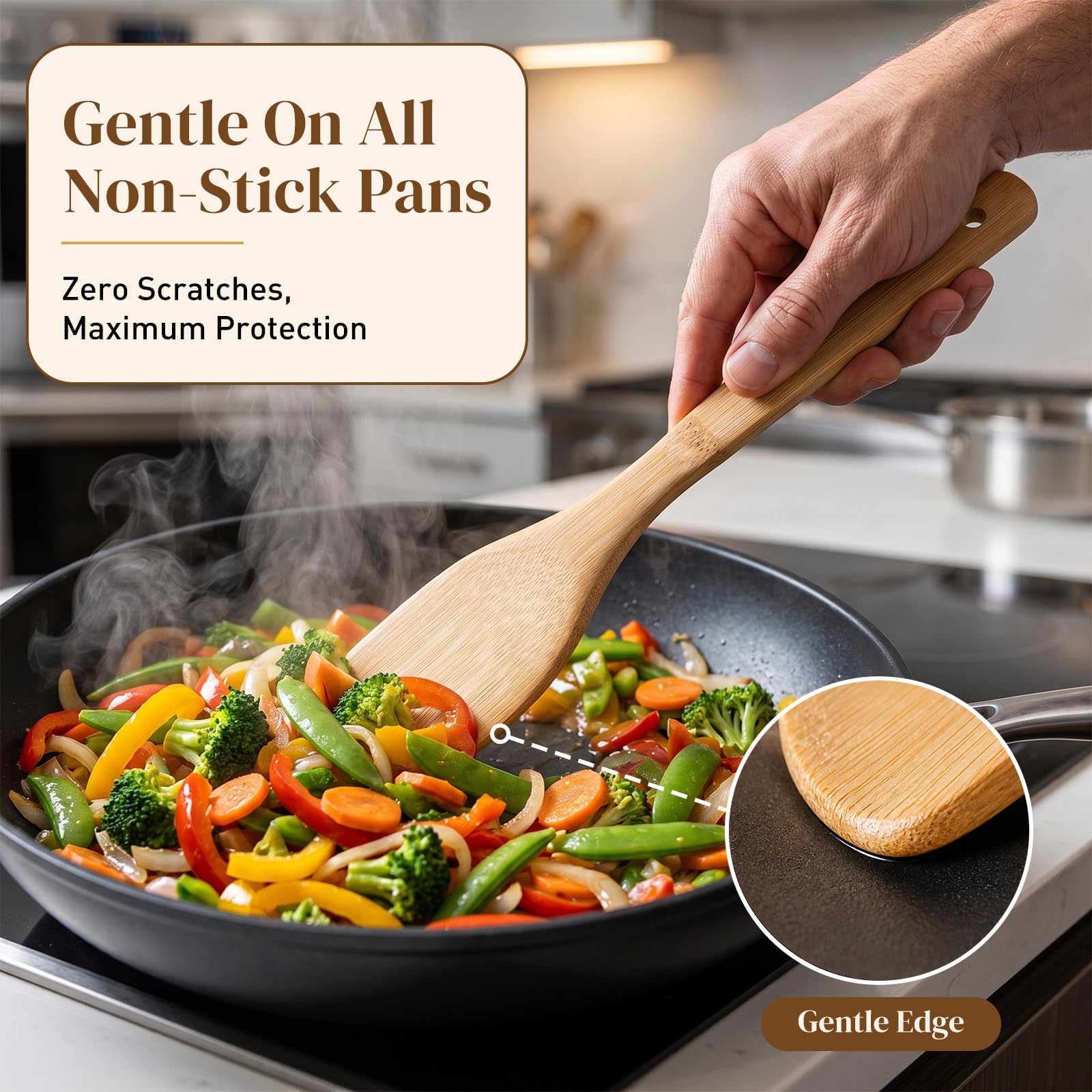 HANSGO Cucharas de madera para cocinar, 7 utensilios de cocina de bambú, juego de utensilios de madera para agitar, mezclar, servir, antiadherentes, saludables