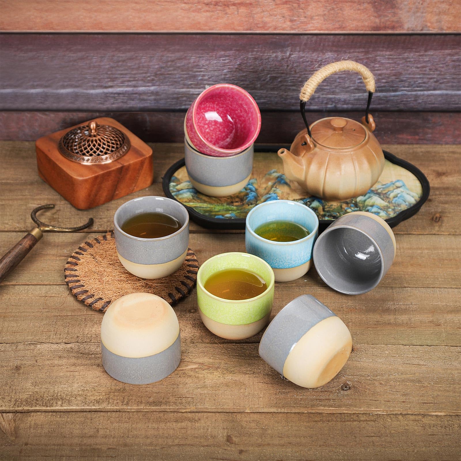 Juego de 4 tazas de café apilables, coloridas y únicas de cerámica esmaltada, Demitasse Espresso, 4 colores, tazas de café expreso de 5 onzas para té y café