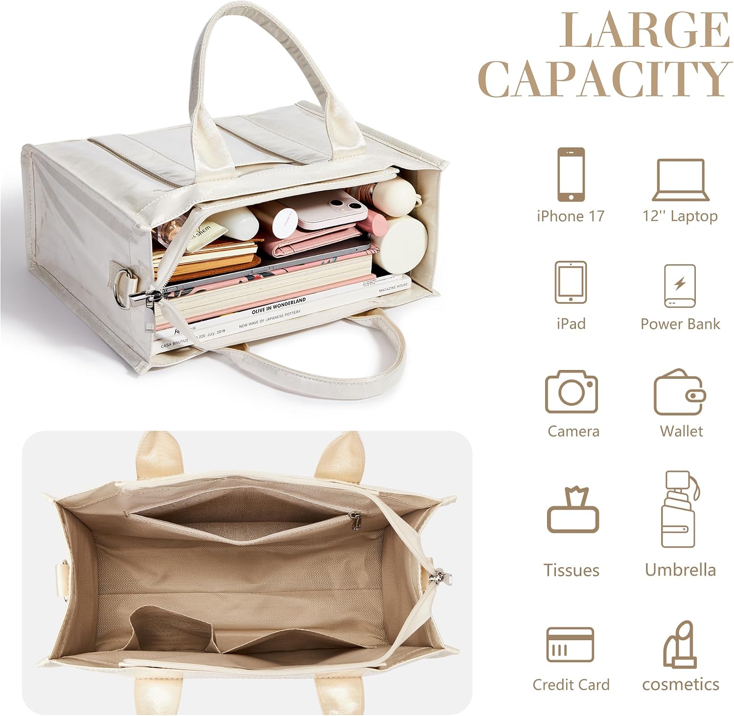 PVC Tote Bag Women Kraft Paper Large Purse Zipper Shoulder Crossbody Bag Travel Work Handbags with Top Handle