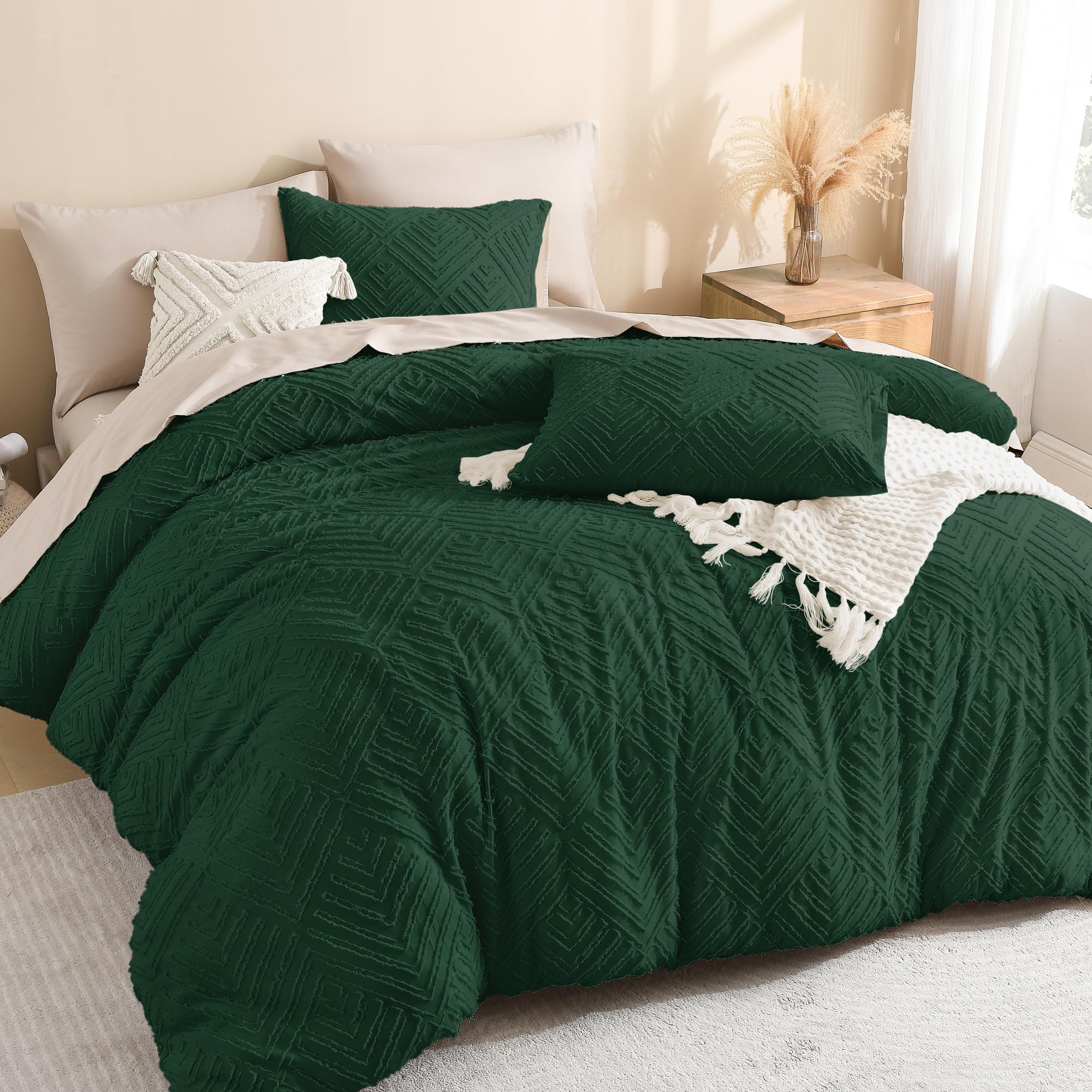 Litanika Emerald Green Full Comforter Set, 3 Pieces Dark Green Tufted Boho Farmhouse Bedding Comforter Sets, Lightweight Fluffy Comforter Bed Set for