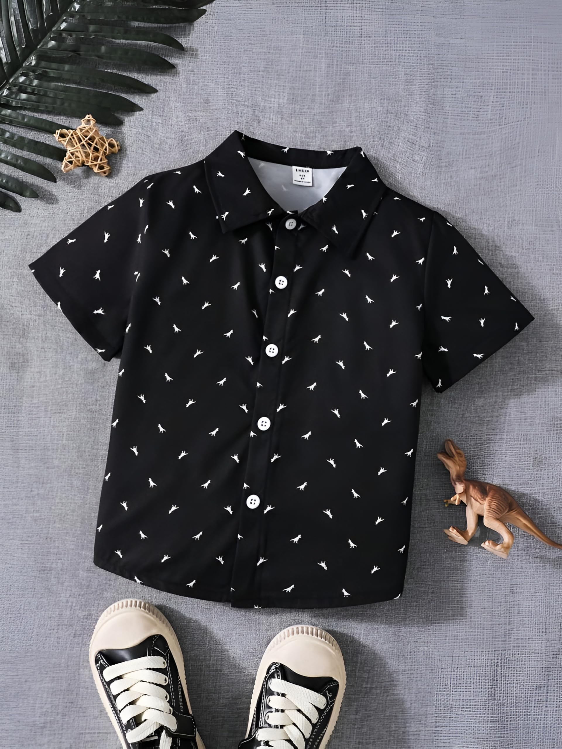kidgarb Baby Boys Clothing Set, Regular Fit Cord Set, Dinosaur Print Button-Down Dress Clothing Set, Short Sleeve, Navy Blue and Black, 2-Pack(Multicolor, 2-3 Years) 1