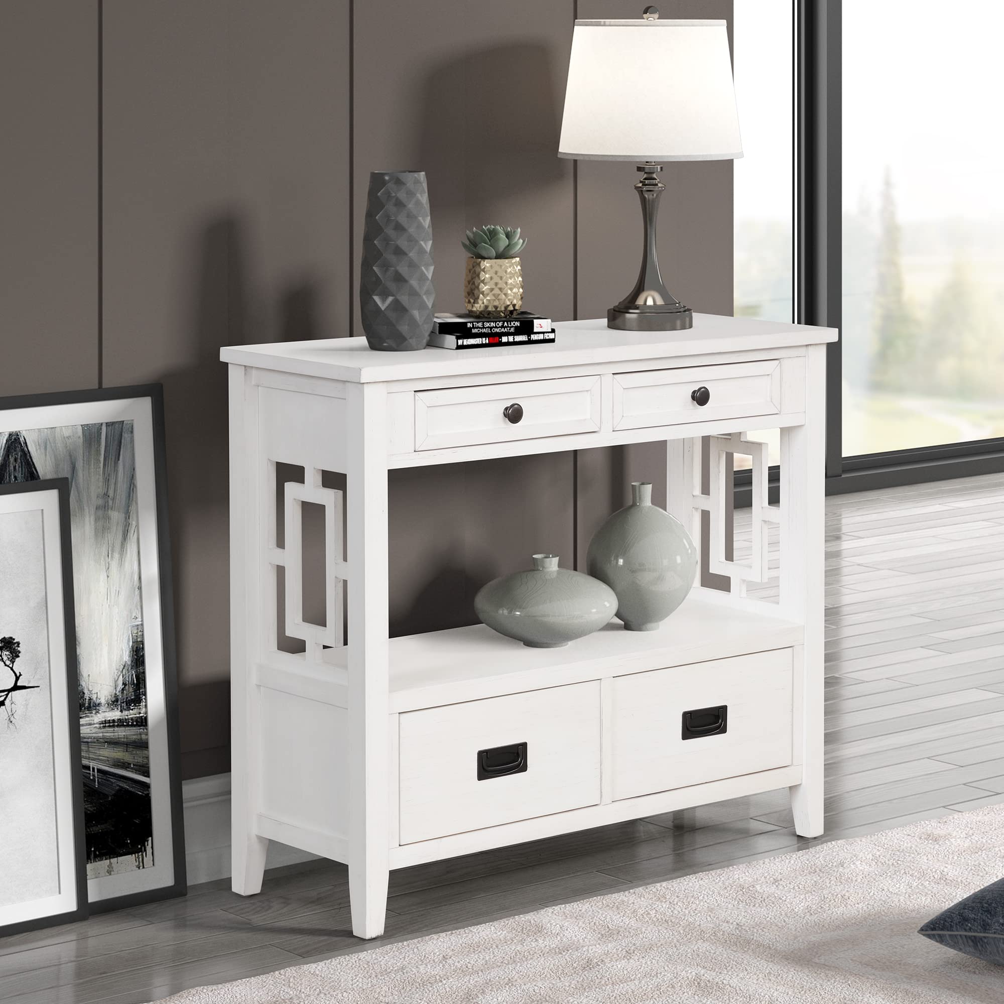 36'' Antique White Farmhouse Console Table with Drawers