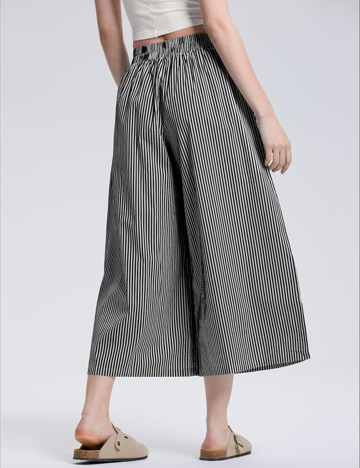 LOMON Womens Wide Leg Capri Pants Cotton Gingham Plaid Culottes Summer Elastic Waist Palazzo Trousers Bottoms with Pockets - Image 6