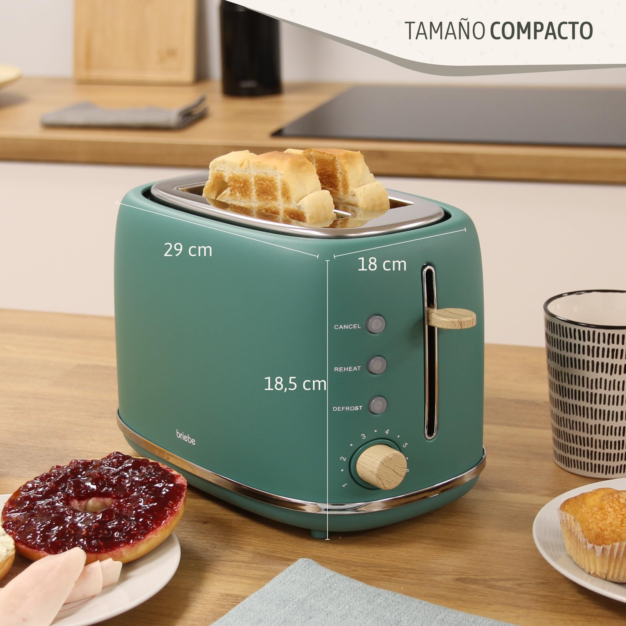 briebe Nordic Set Tostadora Pan Ranura Ancha 2 Rebanadas, 6 Niveles Tostado + Tetera Silbante 2,3 L Infusiones, Acero Inoxidable, Inducción, Libre BPA, Pack Desayuno Diseño Nórdico Verde