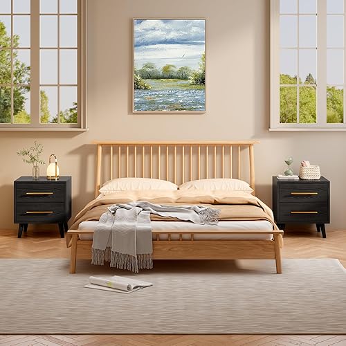 Miniatura 3 de Aiho Mesita de noche, mesita de noche con asas de metal, moderna mesita de noche de madera con 2 cajones para dormitorio, color negro