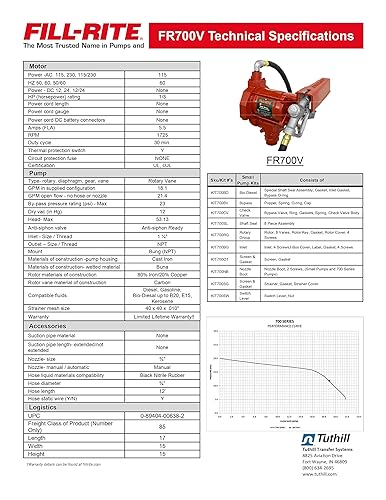 Miniatura 5 de Fill-Rite FR700V, bomba para la transferencia de combustible, manguera de transferencia de 12 pies, boquilla de liberación manual - 115 voltios, 20