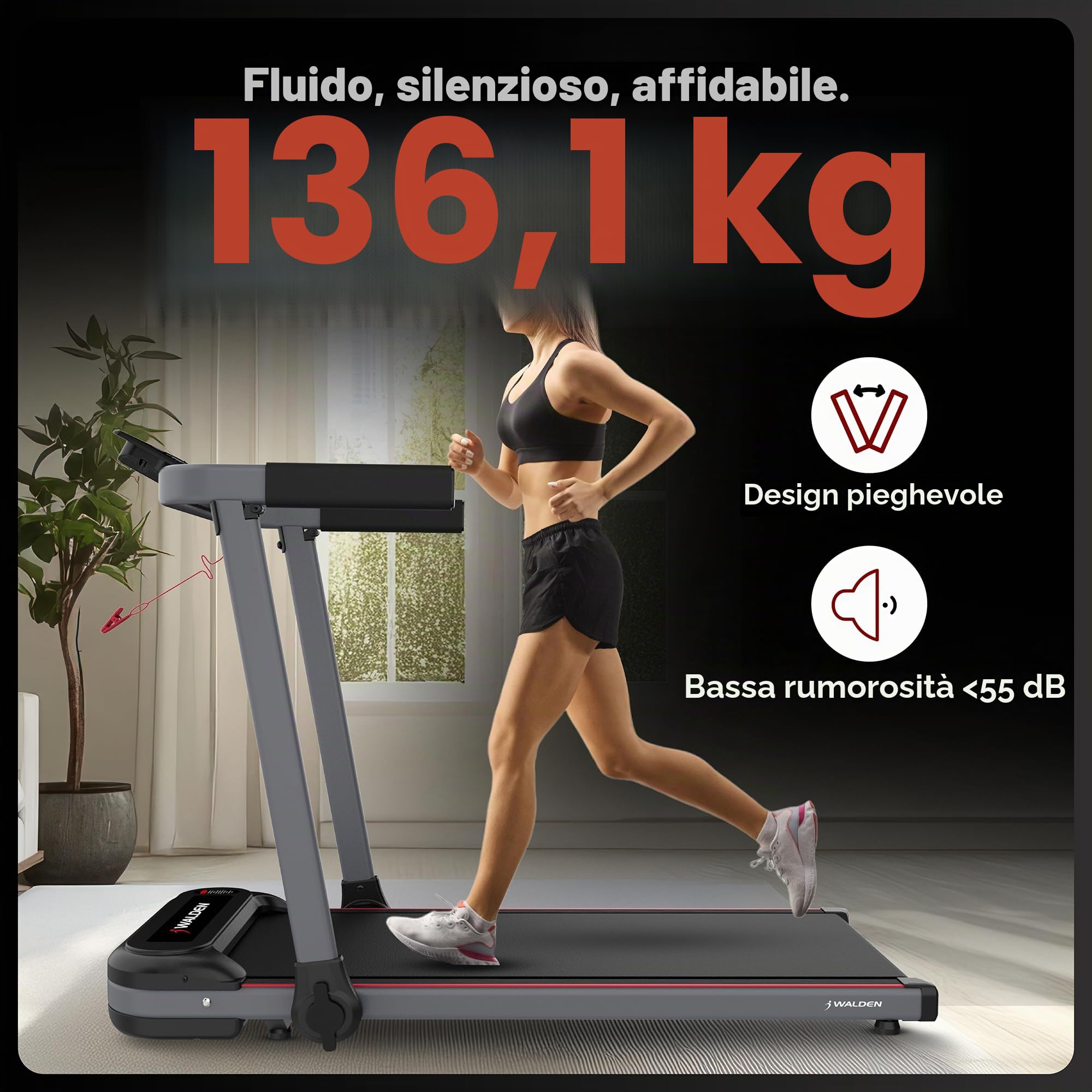 Walden Tapis Roulant Elettrico Pieghevole F2800 – Walking Pad per Casa e Ufficio, Motore da 2,5 CV, Velocità 1-10 km/h, 12 Programmi, Display LCD, Fitness e Dimagrimento (F2800)